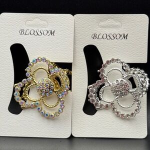 Rhinestone Flower Hair Claw Clips Set‎ Gold Silver Tone Sparkle